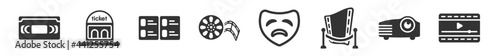 filled set of cinema icons. glyph vector icons such as vhs, ticket window, storyboard, movie reel, tragedy, movie player. vector illustration.