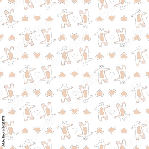 Fototapeta Naklejka Na Ścianę i Meble -  Vector illustration of a cute pink bear cub with a heart. Seamless pattern. Perfect for banners, party invitations, fabrics, packaging. EPS10