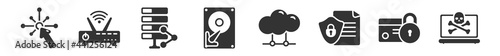 filled set of internet security and icons. glyph vector icons such as interactive, router, data share, hard drive, cloud, internet attack. vector illustration.