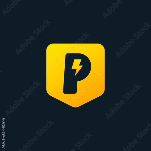 lightning logo with the letter P in the form of a sturdy shield. electricity vector.