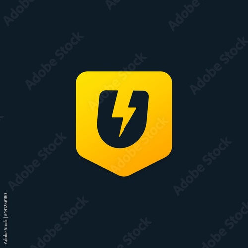 lightning logo with the letter U in the form of a sturdy shield. electricity vector.