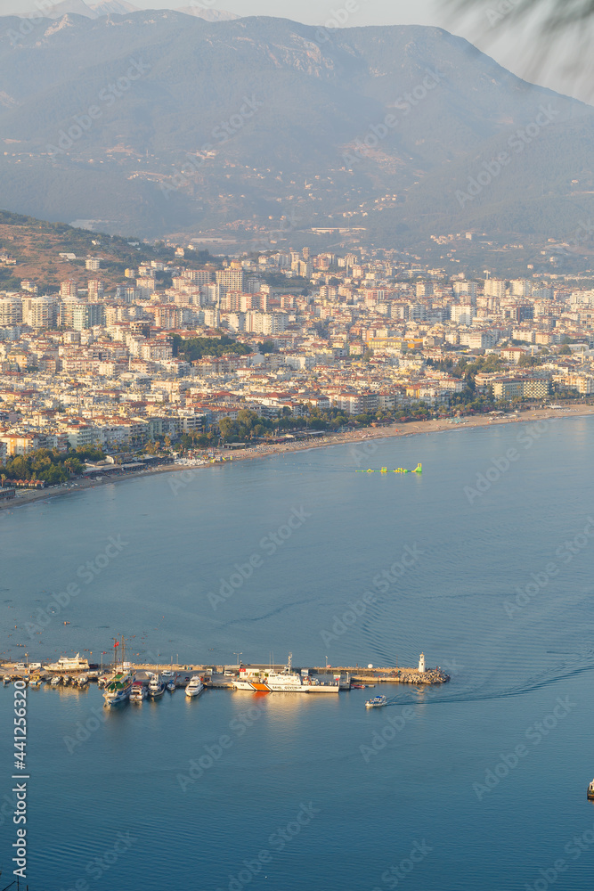 Beautiful tourist city in Turkey, view of Alanya with the sea