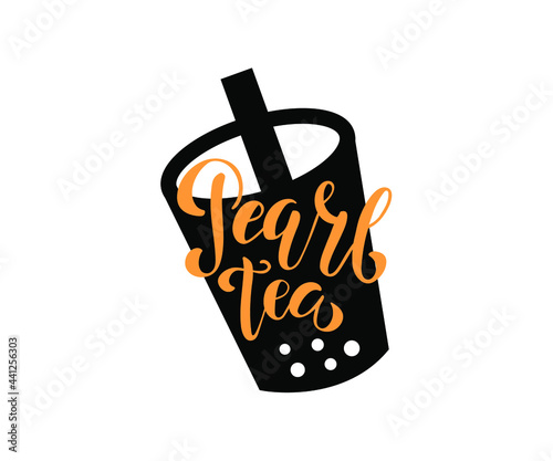 Pearl tea  lettering. Cute Asian Boba milk and juice tea icons. Can be used for poster, logo, web, coffee shop banner. Pearl milk tea in hand drawn style. 