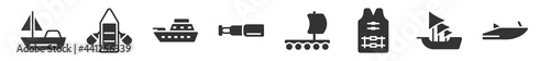 filled set of nautical icons. glyph vector icons such as yacht facing right, raft, gunboat, nautical monocular, wood raft, roofless speed boat. vector illustration.