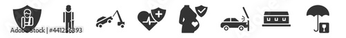 filled set of insurance icons. glyph vector icons such as fracture, wounded, towed car, heart insurance, pregnancy insurance, cargo vector illustration.