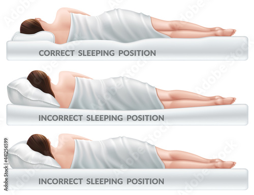 Correct and incorrect sleeping poses. Right and wrong position spine on different mattresses. Caring for health of back. 3d realistic vector illustration.