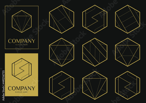 set collection of 9 gold hexagon monogram logo. black and gold logo. elegant geometric logo.
