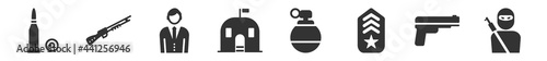 filled set of army icons. glyph vector icons such as two bullets, shotgun, civilian, militar tent, grenade, guerrilla. vector illustration.
