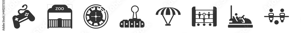 Obraz premium filled set of entertainment and arcade icons. glyph vector icons such as game, zoo, casino, joystick, paraplane, table football. vector illustration.