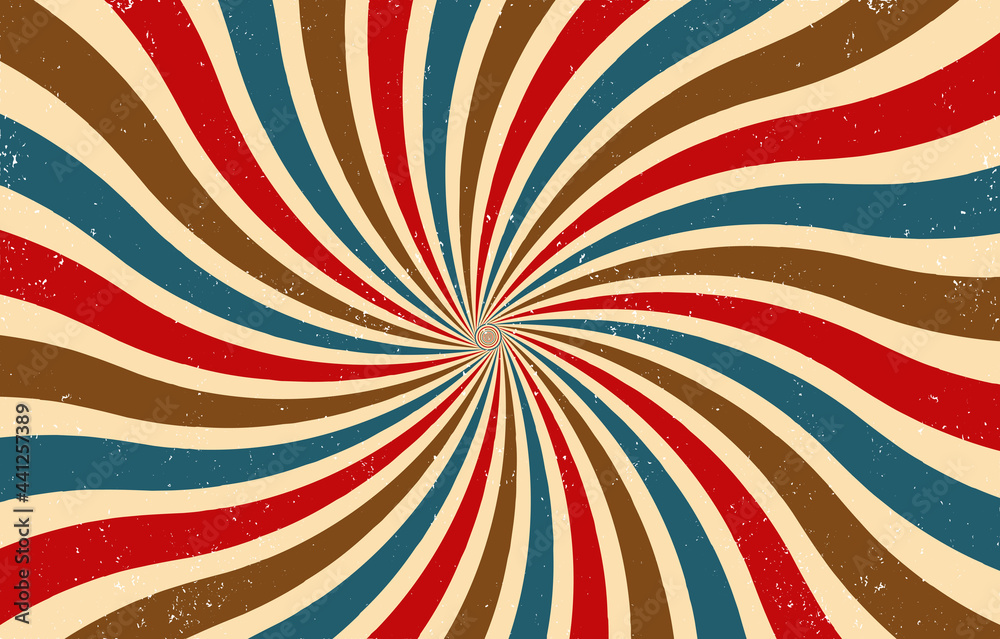 Grungy Sunburst Retro Vintage Background with Colorful swirls and Spiral Lines. Starburst Grunge with Stripped and Curved Rays. Old style dark Colors with beige, red, blue and brown colors. 