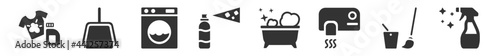 filled set of cleaning icons. glyph vector icons such as stain remover, dustpan, wash, deodorizer, bathtub cleaning, glass cleaner. vector illustration.