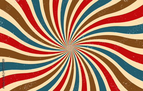 Grungy Sunburst Retro Vintage Background with Colorful swirls and Spiral Lines. Starburst Grunge with Stripped and Curved Rays. Old style dark Colors with beige, red, blue and brown colors. 