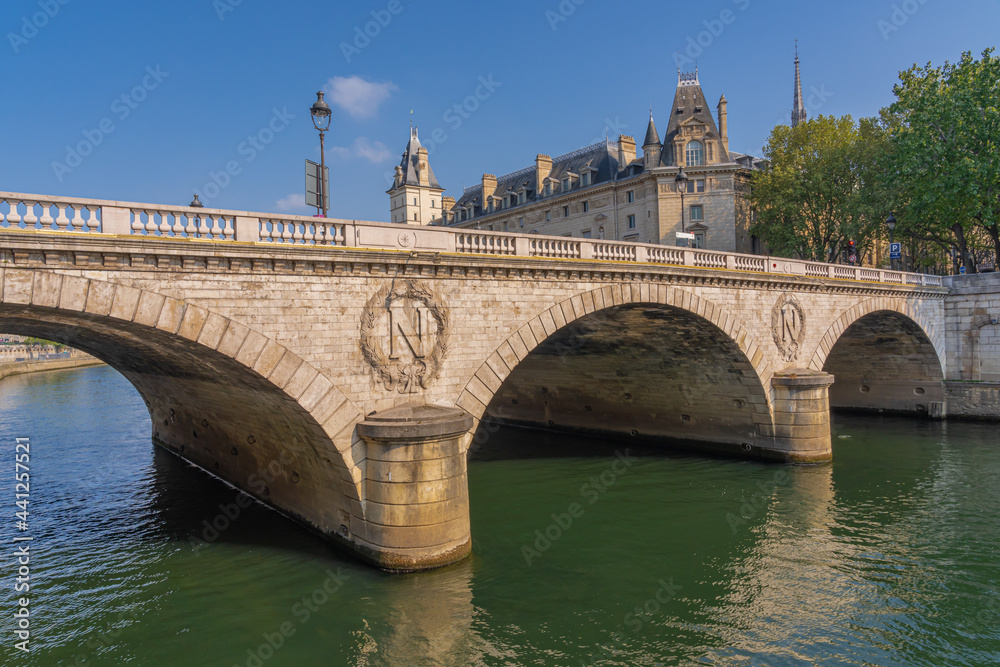 Paris, France - 05 02 2021: Panoramic view of Saint-Michel bridge from quai de Seine