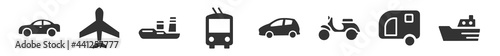 filled set of transportation icons. glyph vector icons such as automobile, aeroplane, icebreaker ship, trolleybus, hatchback, ferry boat. vector illustration.