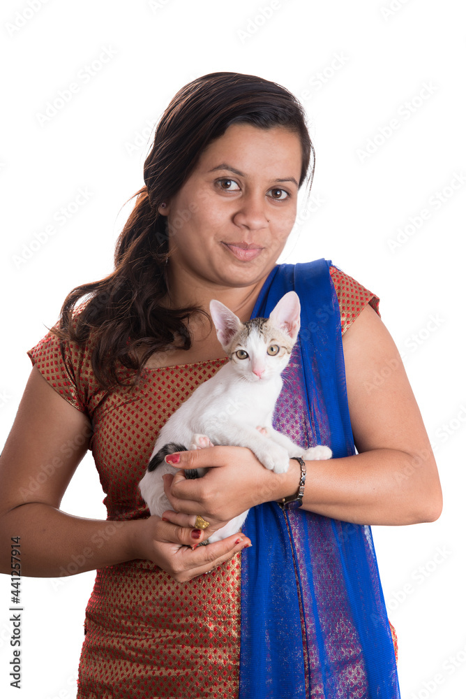 young attractive girl with cat on white background young attractive girl with cat on white background