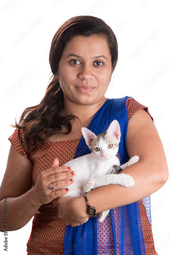 young attractive girl with cat on white background young attractive girl with cat on white background