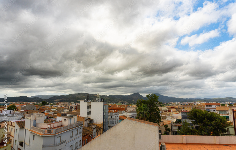 Cloudy day in the village, panoramic view.