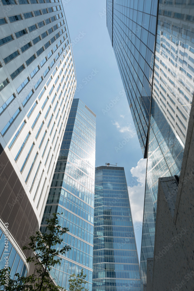 Down angle view of the city skyscrapers. Good for architectural and investment purposes.