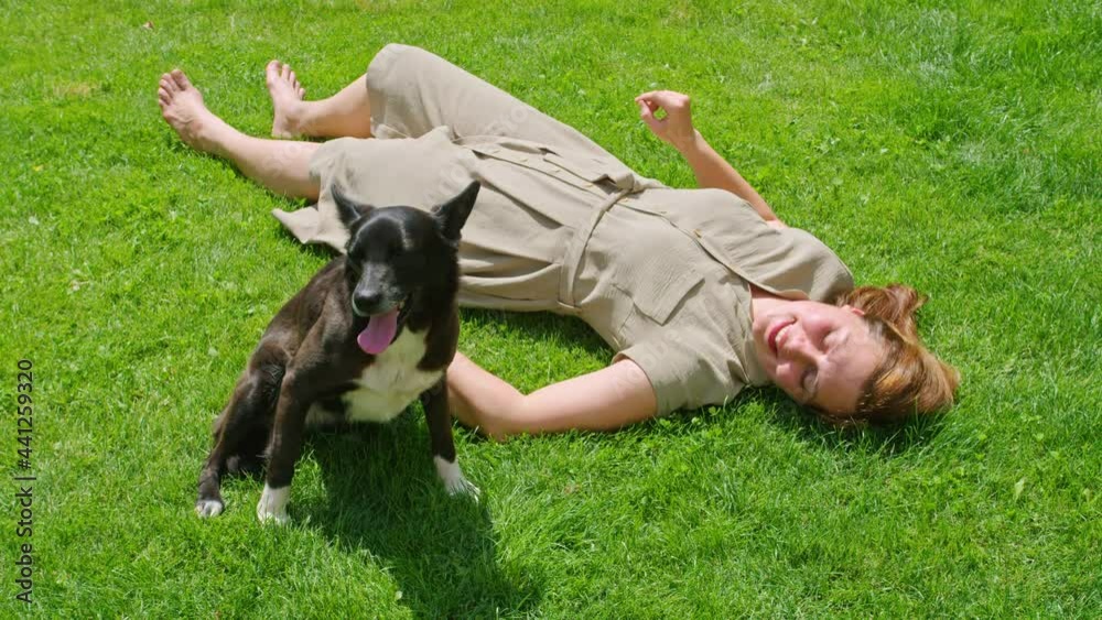 a young girl in the summer plays on the lawn with a dog, she scratches it while she licks and enjoys. Prores422. a young girl in the summer plays on the lawn with a dog, she scratches it while she licks and enjoys. Prores422.