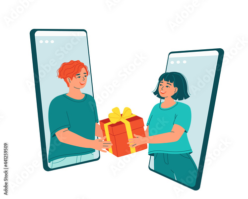 Young people give a gift to each other. Concept virtual gift for friends, lovers, online greetings for birthday, Christmas, holidays using an app on a smartphone. Remote delivery. Vector illustration