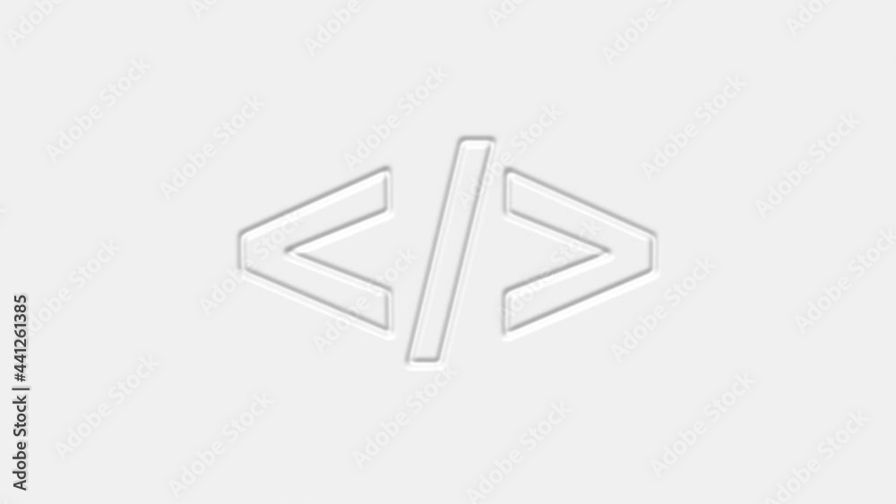 Black neomorphism coding code html programming language icon. Front end development icon isolated on white background. 4K