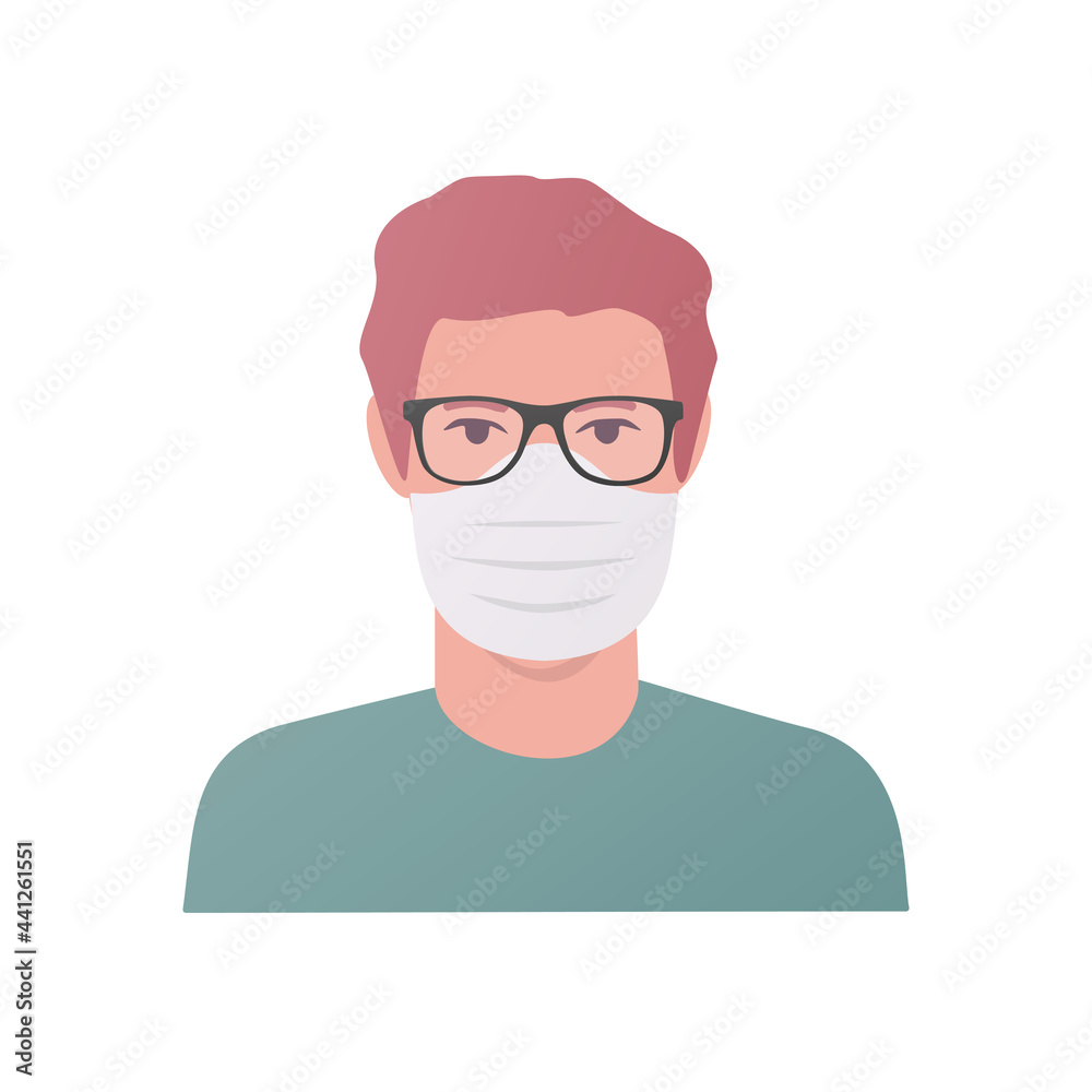 The person is wearing a medical mask. Colored flat illustration. Isolated on white background. The person is wearing a medical mask. Colored flat illustration. Isolated on white background.