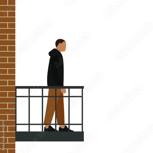 Male character standing on the balcony on a white background