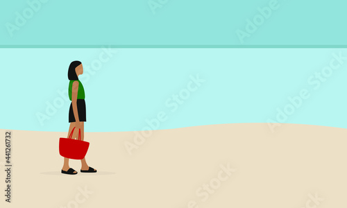 Female character in summer clothes and with a bag in hand walks along the beach