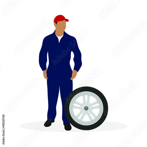 Male character in work overalls and car wheel on white background