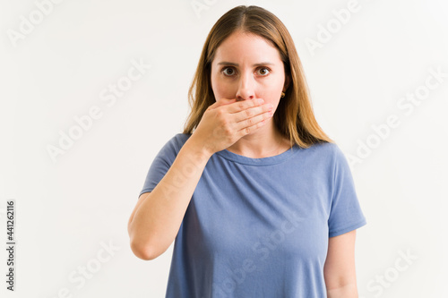 Surprised woman can t believe her bad breath
