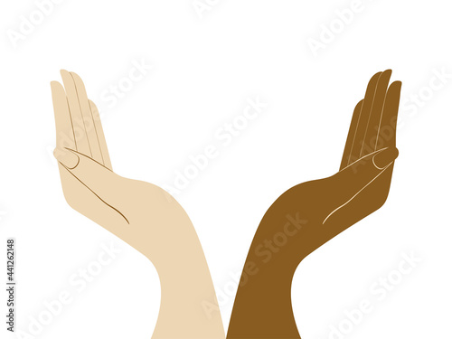 Two different human cupped hands Design element for volunteering charity, support and peace.  Vector illustration Isolated