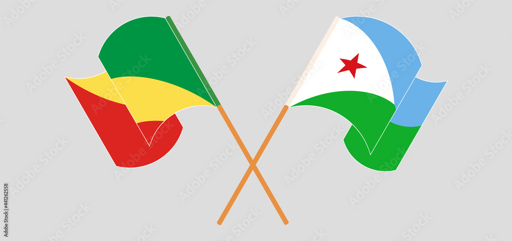 Crossed and waving flags of Republic of the Congo and Djibouti Crossed and waving flags of Republic of the Congo and Djibouti
