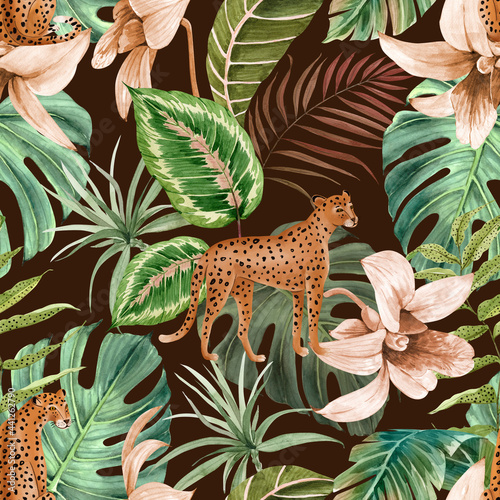seamless pattern with watercolor illustrations leopards animals in the tropical plants and flowers, hand-painted on a dark background © Lana