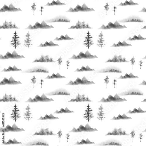 seamless pattern with watercolor illustrations of mountains and forest trees christmas trees on white background  hand painted 