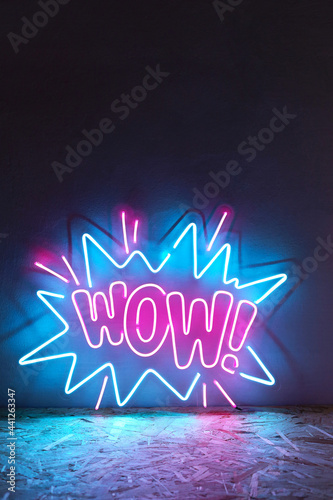 Obraz na plátně Pink and blue neon sign wow