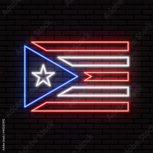 Neon sign in the form of the flag of Puerto Rico. Against the background of a brick wall with a shadow. For the design of tourist or patriotic themes. North America