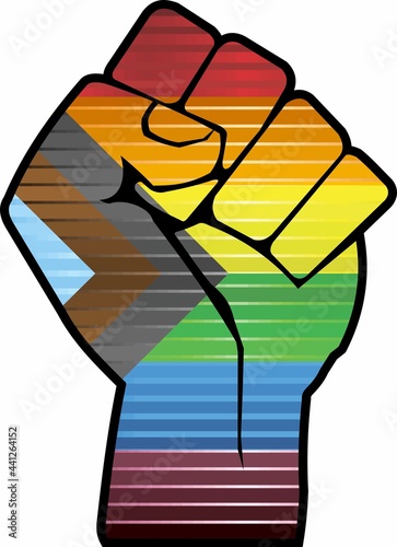 Shiny Protest Fist on a Rebooted pride flag - Illustration, 
Progress Pride Flag