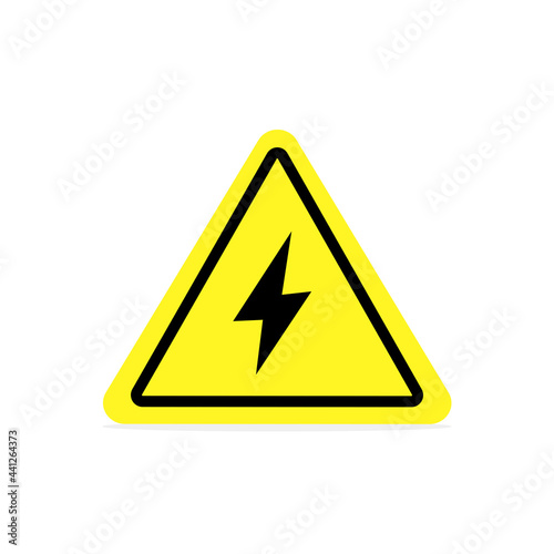 Danger high voltage sign vector. Electrical shock hazard icon. Isolated black and yellow triangle sign with eletric lightning.  Stock Vector 