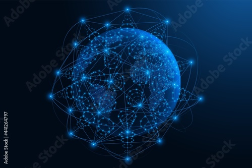Orbiting satellites transmit a signal. Telecommunications technologies. Global network.