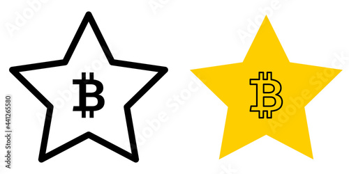 Bitcoin icon in five pointed star, btc symbol or logo