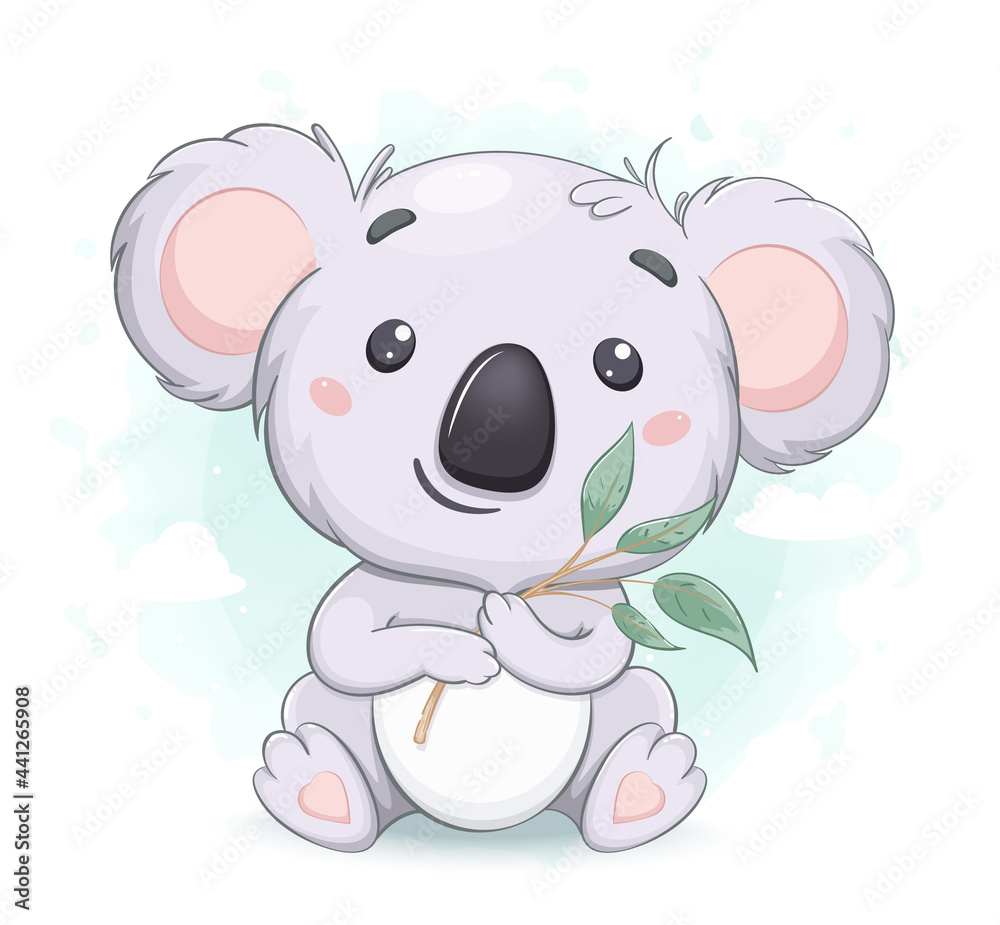 Funny koala with eucalyptus branch