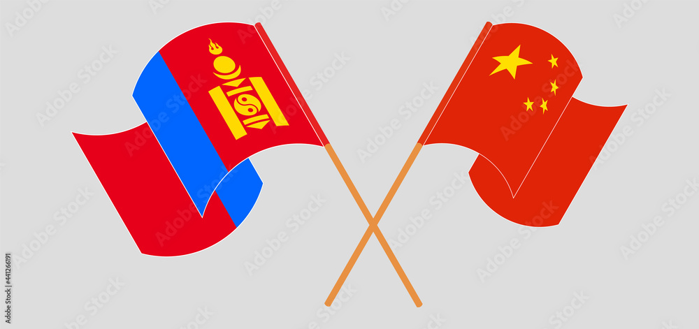 Crossed and waving flags of Republic of the Congo and Mongolia Crossed and waving flags of Republic of the Congo and Mongolia