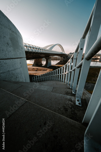 Troja bridge in Prague during sunrise. Detail on the bridge arches