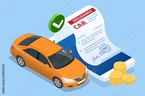 Insurance policy. Isometric Car Insurance services. Auto insurance policy with cash and key fob. Protection from danger, providing security.