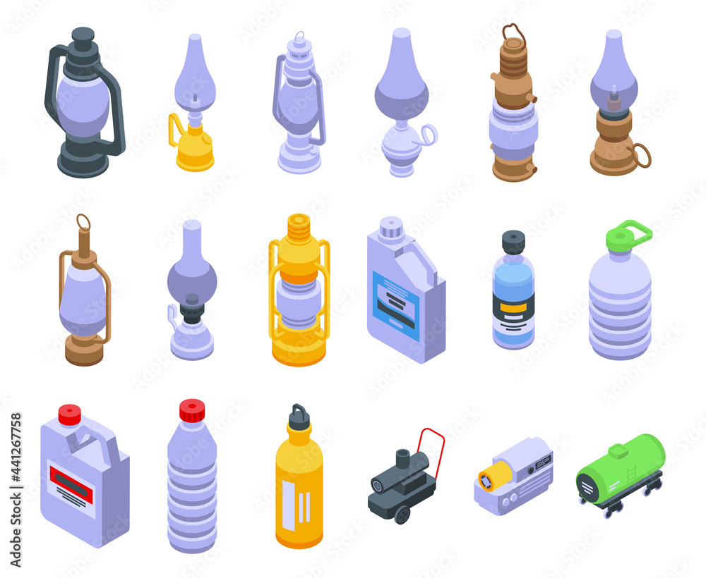 Kerosene icons set. Isometric set of kerosene vector icons for web design isolated on white background Kerosene icons set. Isometric set of kerosene vector icons for web design isolated on white background