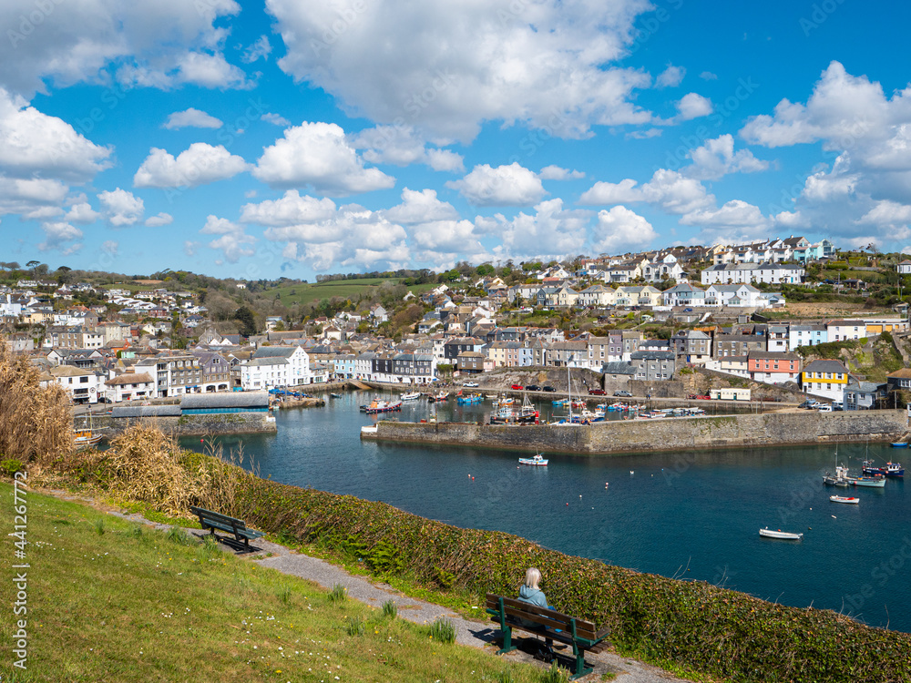 Overlooking a busy harbour with moored leisure and working boats at the picturesque fishing village and port of Mevagissey on the south coast of Cornwall, UK. Blue sky with cotton-wool clouds.