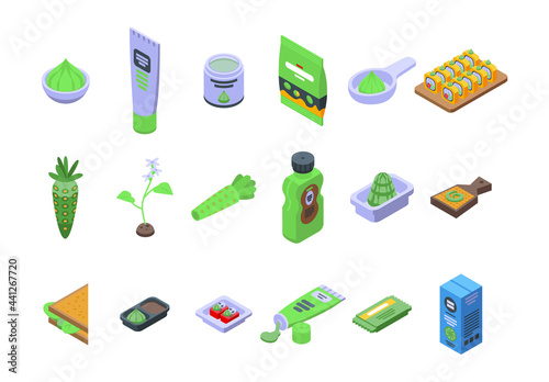 Wasabi icons set. Isometric set of wasabi vector icons for web design isolated on white background