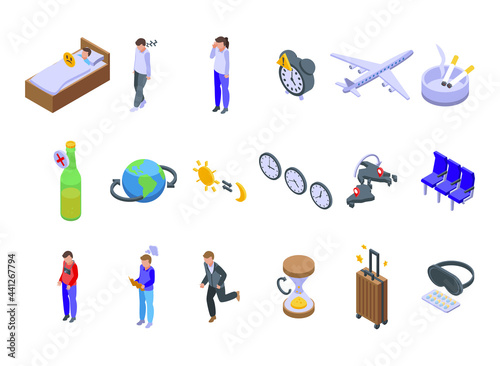 Jet lag icons set. Isometric set of jet lag vector icons for web design isolated on white background