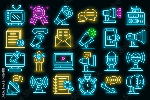 Announcer icons set. Outline set of announcer vector icons neon color on black