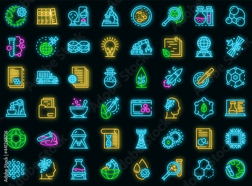 Nanotechnology icons set. Outline set of nanotechnology vector icons neon color on black